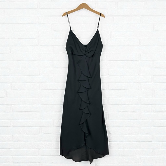 Vintage Dresses & Skirts - Breakin’ Loose Vintage Romantic Ruffle Spaghetti Strap V Neck Midi Black Dress 4